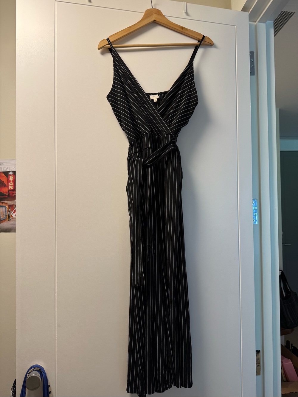 Kaileigh Black Pinstripe Wrap Jumpsuit with Belt